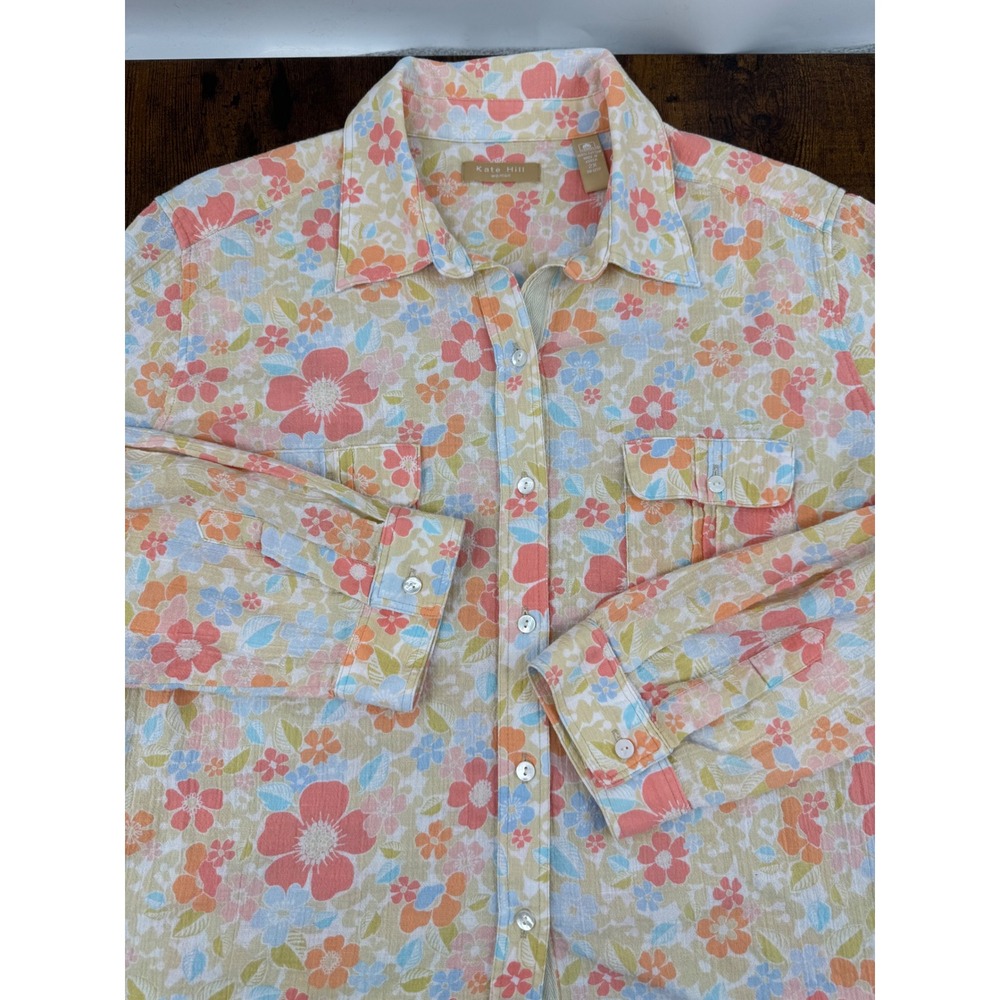 Kate Hill Gauze Cotton Button Up Shirt 2X Multicolor Floral Long Sleeve Pockets